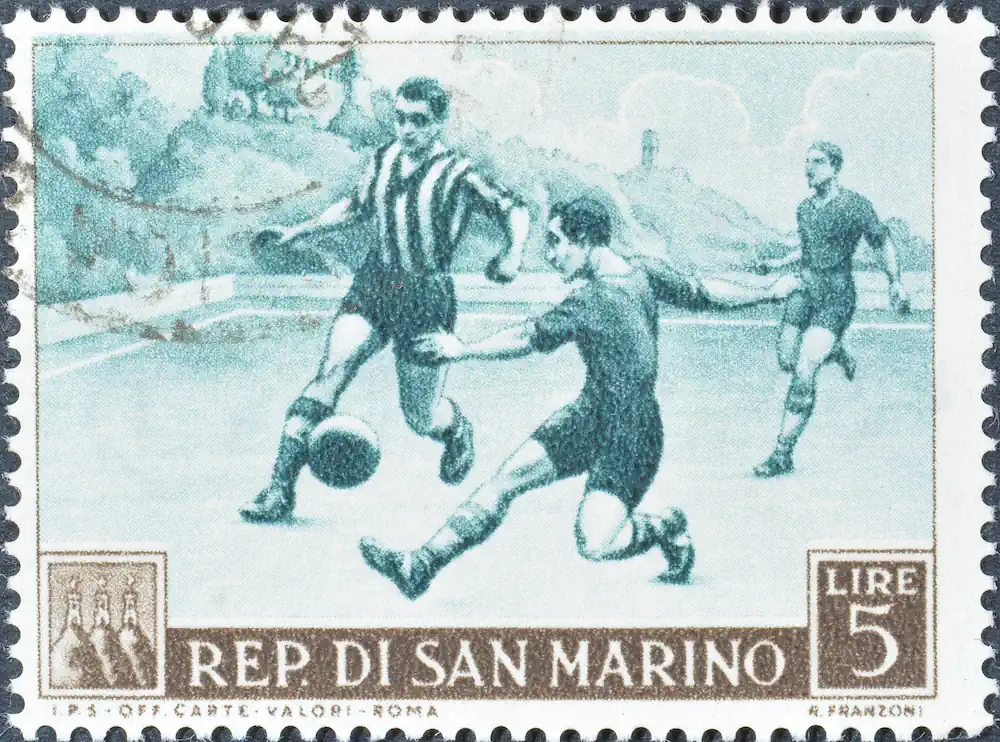 Sello de San Marino con futbolistas de alrededor de 1953